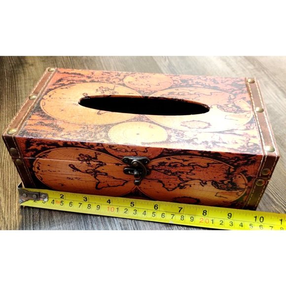 Retro World Map Tissue Box Holder / Faux Leather? Cover Rustic History Tabletop - Picture 10 of 12